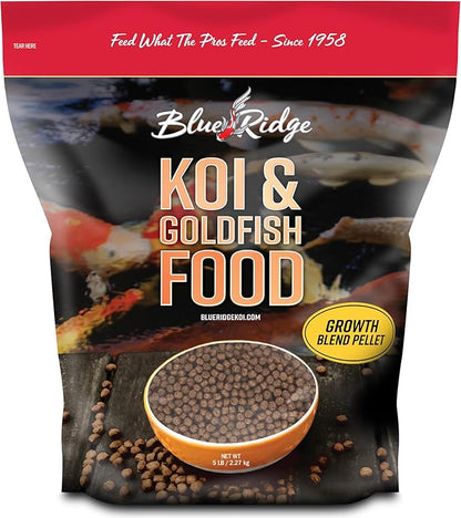 Blue Ridge Koi Fish Food 5lb - Koi Food 3/16” Large and Mini Blend Growth Formula, Goldfish Food, Premium Fish Food for Ponds, Ponds Fish Food, Floating Pond Pellets