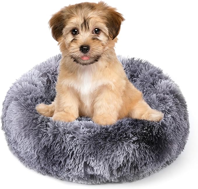 NOYAL Calming Donut Dog Bed for Small to Medium Dogs & Cats - Plush Faux Fur Anti-Anxiety Pet Bed with Machine Washable Cover & Non-Slip Base