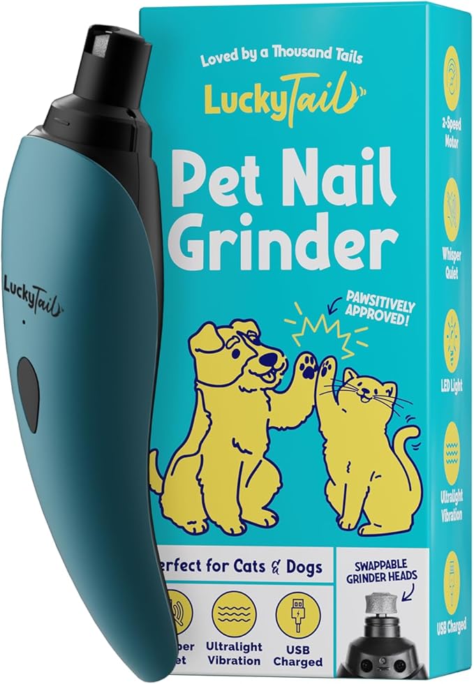 LuckyTail Pet Nail Grinder for Dogs and Cats - Super Quiet and Low Vibration Electric Dog Nail Grinder with 2 LED Lights - USB Rechargeable and Cordless - 2 Speeds - Small to Large Pets - Teal
