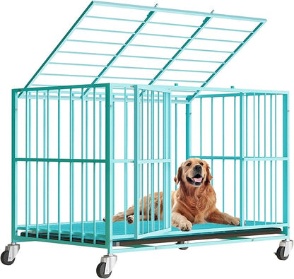 Blue 48 in Heavy Duty Dog Crate Steel Escape Proof, Indoor Double Door High Anxiety Cage, Removable Tray, Kennel with Wheels,XL XXL