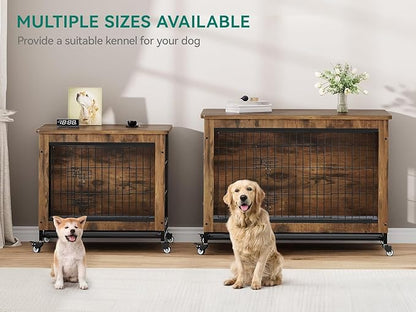 DWVO Dog Crate Furniture with Wheels, 27" Dog Kennel Indoor with Cushion, Dog Crate End Table with Tray, Dog Cage with Double Doors for Small Dog (Rustic Brown)