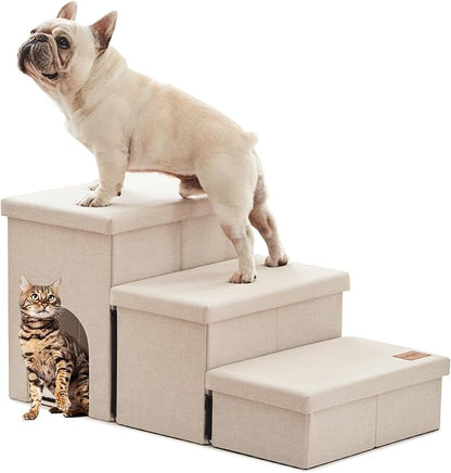 Love's cabin Dog Stairs for Small Medium or Large Dogs with Storage and Condo,Foldable Dog Steps for Bed or Couch,3-Step Gray Folding Cat Dog Ramp with Zip up to 210 lbs,Beige