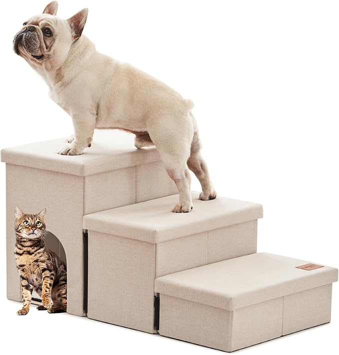 Love's cabin Dog Stairs for Small Medium or Large Dogs with Storage and Condo,Foldable Dog Steps for Bed or Couch,3-Step Gray Folding Cat Dog Ramp with Zip up to 210 lbs,Beige
