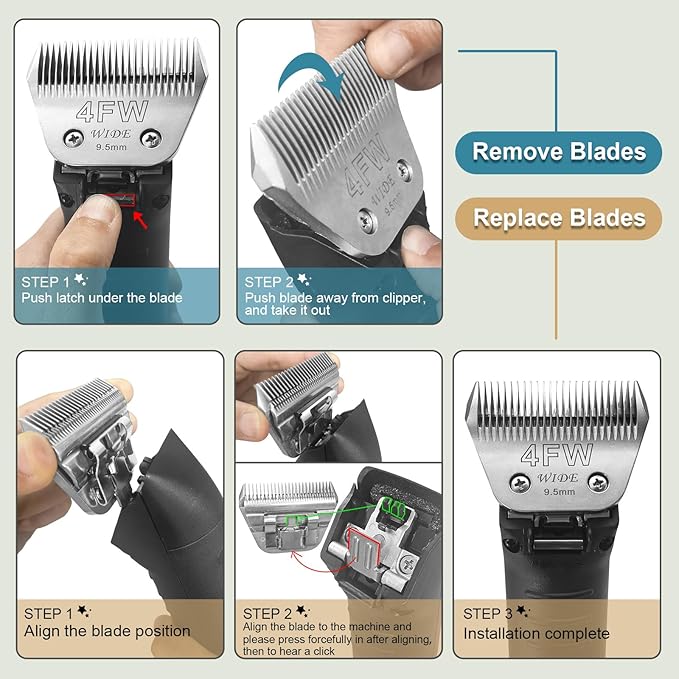 30W+10W+7FW+5FW+4FW Wide Pet Dog Grooming Detachable Blades Kit,Compatible with Andis,Oster A5,Wahl KM10 Clippers,Cut Length 1/50"(0.5mm) to 3/8" (9.5mm),5 Pack