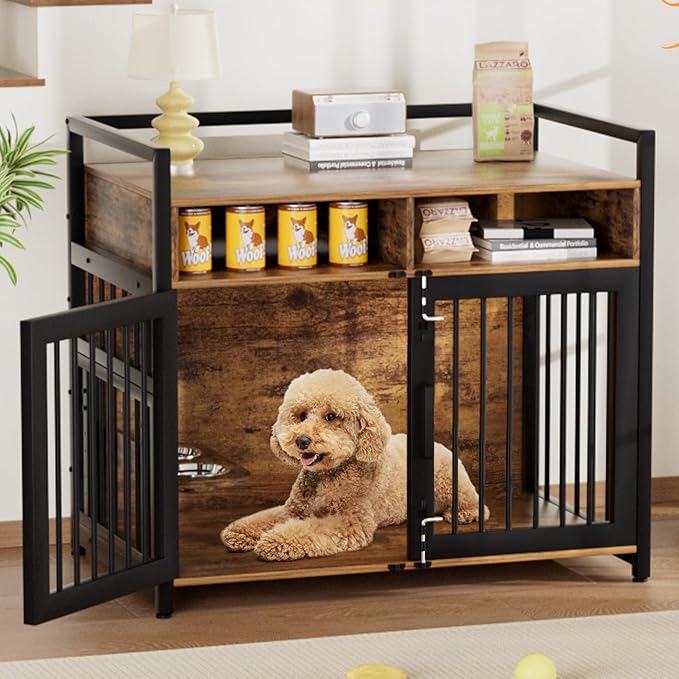 IDEALHOUSE Dog Crate Furniture, Large Dog Cage for Medium Dogs, 41 Inch Dog Kennel with Adjustable Raised Feeders, Indoor Heavy Duty Metal End Table Dog Crate with 2 Open Storage Shelves