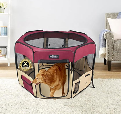 EliteField 2-Door Soft Pet Playpen (2 Year Warranty), Exercise Pen, Multiple Sizes and Colors Available for Dogs, Cats and Other Pets (62" x 62" x 30"H, Maroon+Beige)