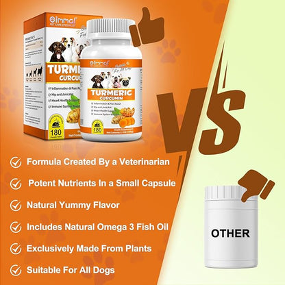 Turmeric for Dogs, 180 Turmeric Curcumin Tablets Supports Heart, Immune System Booster, Hip & Joint Support, Dog Pain Relief, Pet Supplement Treats for All Breeds Dogs & Ages - 180 Tablets / 5.1 OZ