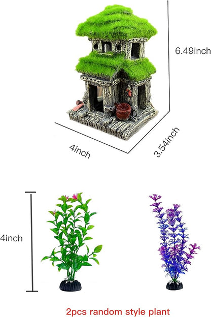 Fish House - Aquarium Decoration with Lifelike Moss, Comes with 2x Artificial Plants