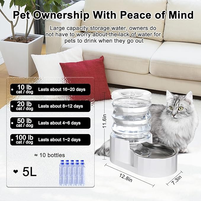 RIZZARI Dog Water Bowl Dispenser: 5L Automatic Stainless Steel Gravity Feeder - Large Capacity for 8-20 LB Cats with Joint Spine Pain - for Kitchen Bedroom