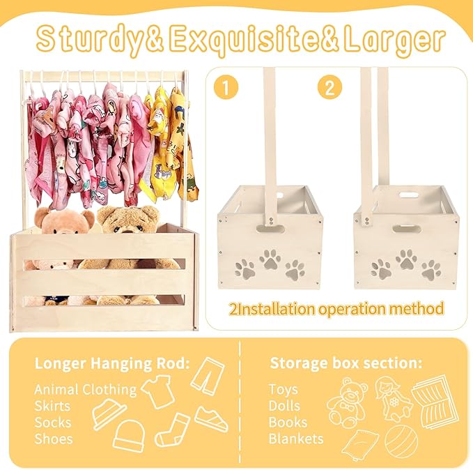 25" x 17" x 12" Wooden Pet Wardrobe Closet,Puppy Toy Basket with Hanging Rods,Pet Clothes Rack for Dog Organization and Storage,Wooden Crate for Dog/Cat Closet,Perfect for Toys Clothes and Accessories