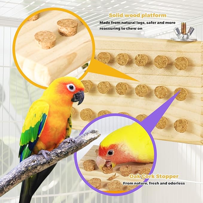2 Pcs Bird Platform,Wooden Chew Toys, Hanging Wooden Puzzle Foraging,Parrot Cork Stopper Toys Birds Feeding Toy,2 Pcs Bird Cage Food Holder Fruit, for Small and Medium Parrots(C)