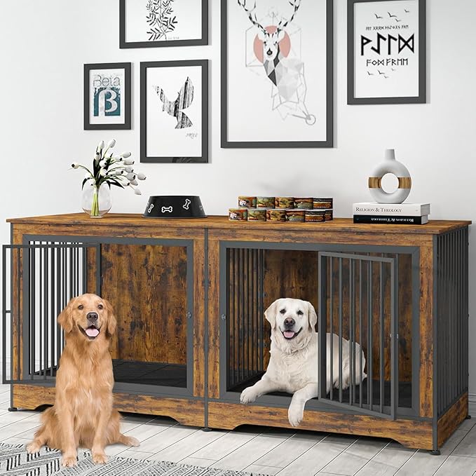 75 Inch Double Dog Crate Furniture, 3 in 1 Dog Cage for Large Dogs, Durable Brown TV Stand Dog Crate with Trays and Divider, Double Dog Kennel for 2 Dogs