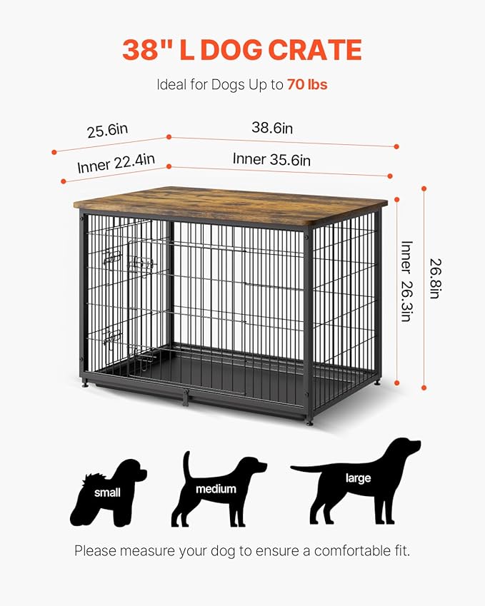 VEVOR 38" Dog Crate Furniture With Double Doors, 2-in-1 Decorative Wooden Kennel End Table, Removable Tray, Holds up to 70 lbs for Small, Medium Dogs - Brown