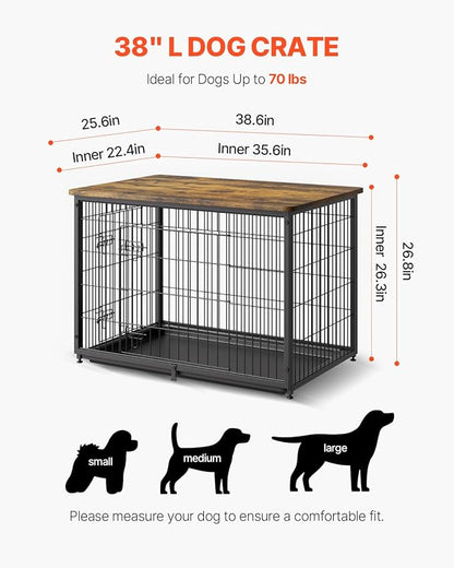 VEVOR 38" Dog Crate Furniture With Double Doors, 2-in-1 Decorative Wooden Kennel End Table, Removable Tray, Holds up to 70 lbs for Small, Medium Dogs - Brown