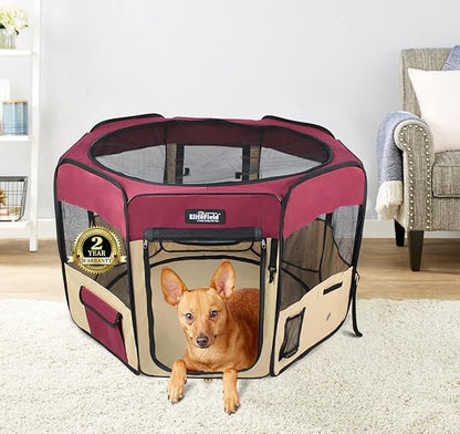 EliteField 2-Door Soft Pet Playpen (2 Year Warranty), Exercise Pen, Multiple Sizes and Colors Available for Dogs, Cats and Other Pets (30" x 30" x 20"H, Maroon+Beige)