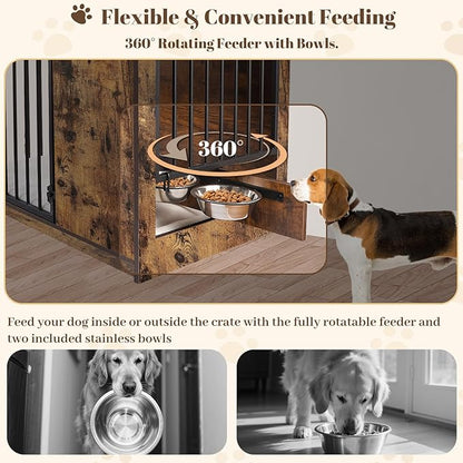 Dog Crate Furniture for Large Dogs, 36" Indoor Wooden Dog Kennel with 270° Swivel Door, 360° Rotating Feeder, Decorative Heavy Duty Dog House with Double Locks & Bowls, Rustic Brown