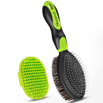 2PCS Dog Grooming Tools - Double-Sided Bath Brush for Shedding and Bathing, Suitable for Short/Long Haired Dogs, Premium Pet Supplies (Black Green)