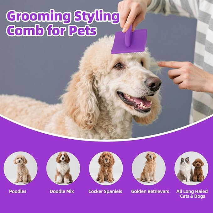 Dog Slicker Brush with Rake Comb, 2 in 1 Pet Grooming Brushes with Ergonomic Handle, Gentle Cleaning Massaging Brush for Cats Dogs