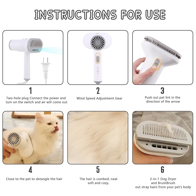 2-in-1 Dog Hair Dryer and Brush - Low Noise Operation, Overheating Protection, 3 Temperature & Airflow Settings, Self-Cleaning Button - Ideal Dog Brush for Short Haired Dogs (White Grey)