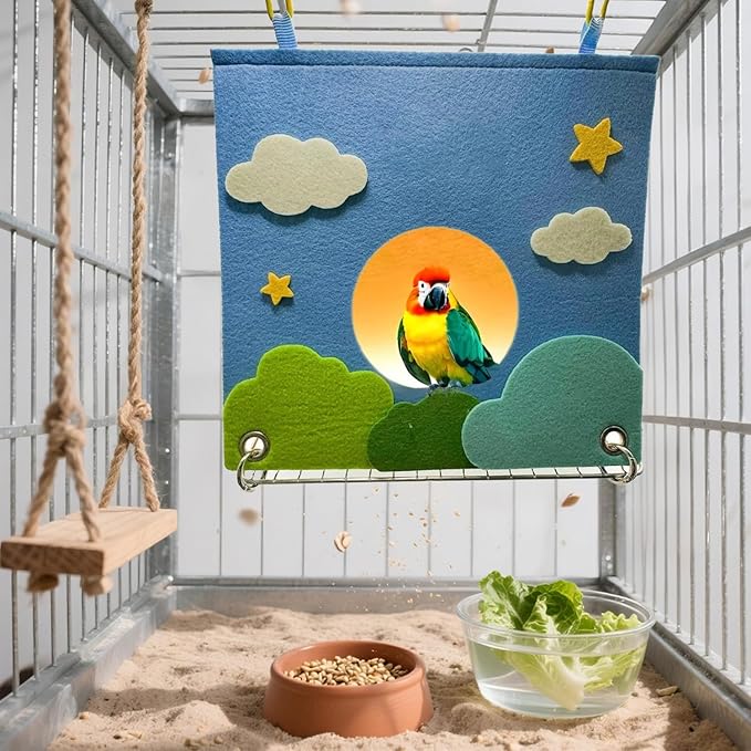 Felt Bird Bed for Cage with 304 Stainless Steel Grid - Large Size (9.4"x6.3"x8.3") - Hanging Hammock Swing Bird Tents for Parakeets, Budgies, Conures -Azure