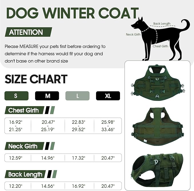 DORA BRIDAL Tactical Dog Harness, Service Dog Molle Vest with Handle, Military Dog Harness with Hook & Loop Panels, Heavy Duty No Pull Adjustable Dog Vest for Training, Walking, Hiking, Green S