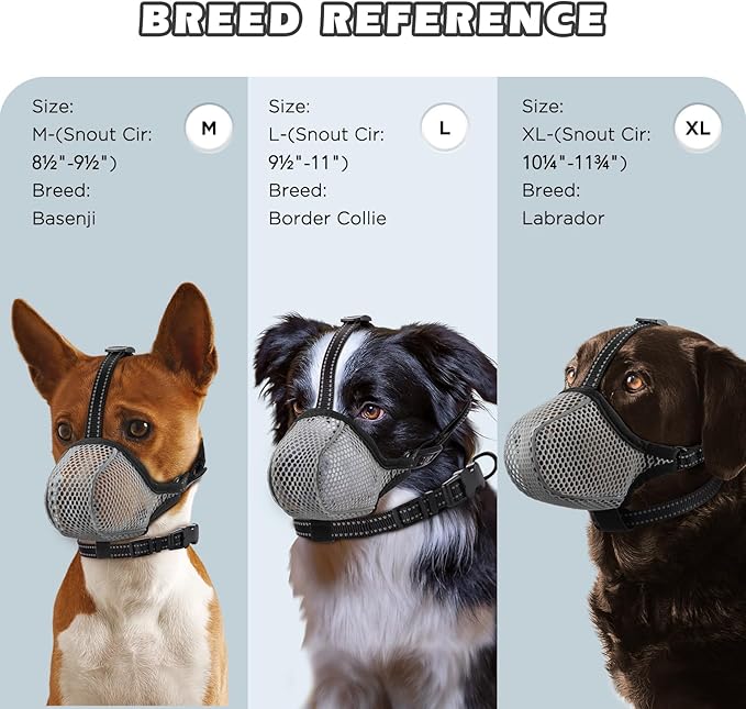 Dog Muzzle,Mesh Soft Muzzle for Small Medium Large Sized Dogs, Breathable Reflective Adjustable Puppy Muzzles with Collar for Scavenging Grooming Biting Chewing,Allows Panting and Drinking(Grey L)