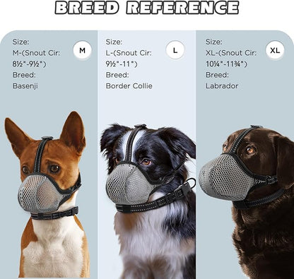 Dog Muzzle,Mesh Soft Muzzle for Small Medium Large Sized Dogs, Breathable Reflective Adjustable Puppy Muzzles with Collar for Scavenging Grooming Biting Chewing,Allows Panting and Drinking(Grey L)