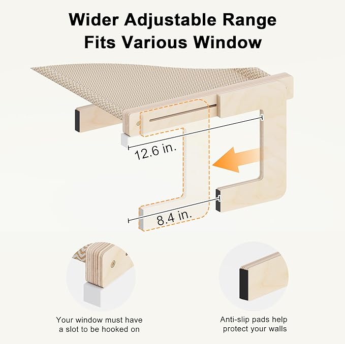 FUKUMARU Cat Window Perch, Transformable Cat Hammock for Windowsill and Floor, Cats Window Bed for Large Cats and Kittens, Reinforced Wood and Metal Frame, Easy to Adjust & Assemble Pet Pech Beds