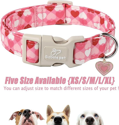 Valentine's Day Dog Collar - Cute Pink Valentines Dog Collar Girl Boy Durable Adjustable Love Heart Pattern Charm Dog Collars for Small Medium Large Dogs S