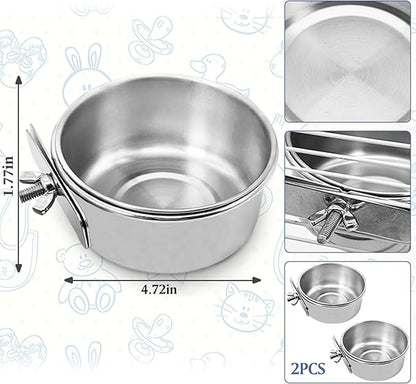 PINVNBY 2PCS Parrot Feeding Cups Birds Food Dish Stainless Steel Parrot Feeders Water Cage Bowls with Clamp Holder for Cockatiel Conure Parakeet Parrot Macaw Small Animal (Size: M)