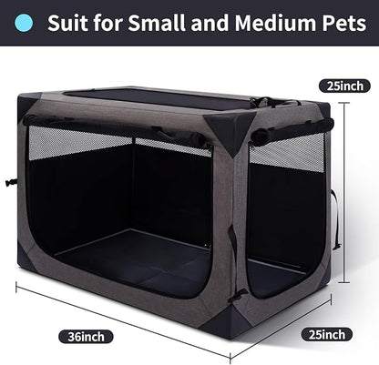 36 Inch Portable Travel Dog Crate, 3 Door Collapsible Soft Pet Kennel with Durable Mesh Windows for Medium Dogs, Foldable Dog Cage with Storage Pocket for Outdoor (Dark Grey)
