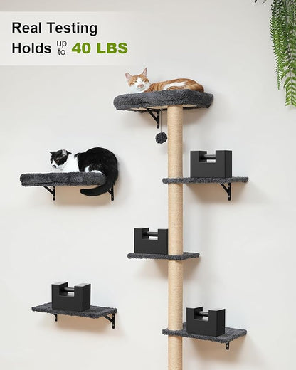 FUKUMARU Cat Wall Shelves, Stable 3-in-1 Wall Mounted Tree Set, Wooden Cats Furniture with Scratching Post, Space Saving Climbing Wall for 16 Inch Drywall - Gray