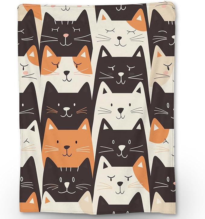 Cartoon Cat Flannel Throw Blanket, Soft Cozy Lightweight Animal Blankets for Couch, Bed, Travel, Outdoor & Decor, Warm Fluffy Fuzzy Blanket for Adults Kids 80×60 in