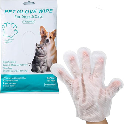 Pet Glove Wipes for Dogs Cats, Extra Thick Hypoallergenic Dog Dry Cleaning Bath Gloves Wipes Deodorizing for Paws/Butt/Teeth/Ear/Eye, Cat Grooming Glove Wipes for Daily Care Traveling(6pcs)
