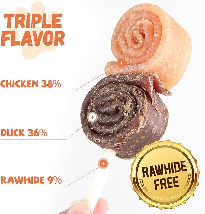 Dog Treats, Chicken Duck Big Roll with Rawhide Stick Healthy Dog Jerky High Protein Dog Training Treats Dog Snacks Chewy for Medium Large Dog 4 Counts
