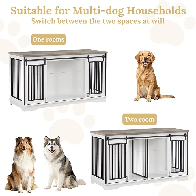 Rovibek 60.6" Double Dog Crate Furniture, Large Dog Kennel Furniture TV Stand for 2 Dogs, Furniture Style Dog Crates End Table, Wood Crates for Dogs White