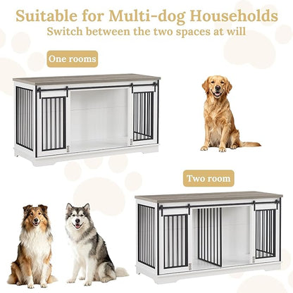 Rovibek 60.6" Double Dog Crate Furniture, Large Dog Kennel Furniture TV Stand for 2 Dogs, Furniture Style Dog Crates End Table, Wood Crates for Dogs White