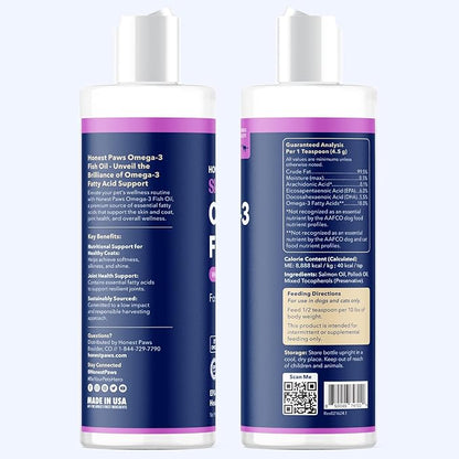 Honest Paws Wild Alaskan Salmon Oil for Dogs & Cats  Omega 3 Fish Oil Supplement for Skin, Coat, Joint & Heart Health  Natural, Sustainably Sourced, 16 oz