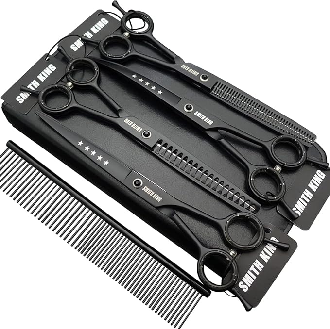 7.0 inches Professional Dog Grooming Scissors Set Straight & thinning & Curved & chunkers & comb 5pcs in 1 Set for left-handed & right handed Black