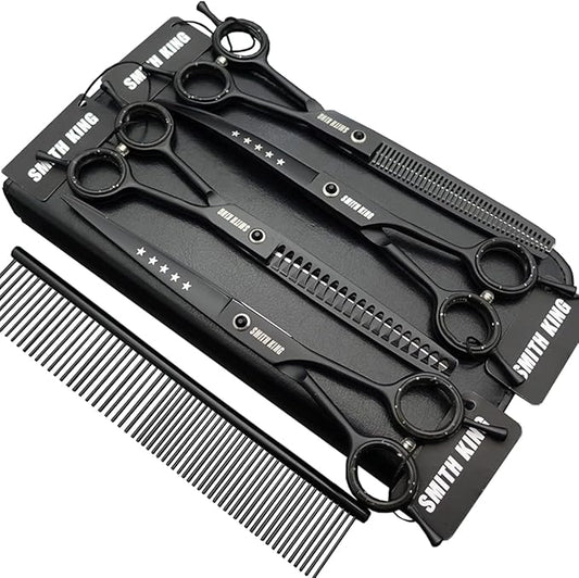 7.0 inches Professional Dog Grooming Scissors Set Straight & thinning & Curved & chunkers & comb 5pcs in 1 Set for left-handed & right handed Black