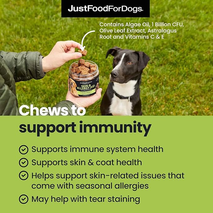 JustFoodForDogs Skin & Allergy Care Soft Chews Supplement for Dogs, Seasonal Allergies, Itchy Skin, Inflammation, Immune Support - 45 Count