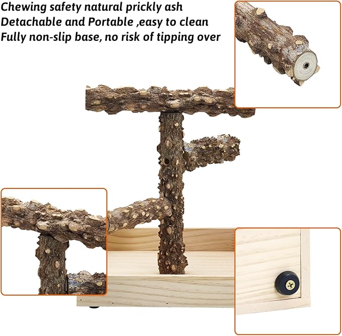 BNOSDM Portable Bird Perch Stand with Potty Tray, Natural Wood Tabletop Training Gym Parrot Playground Toy for Budgies, Cockatiels, Lovebirds,Conures Canaries