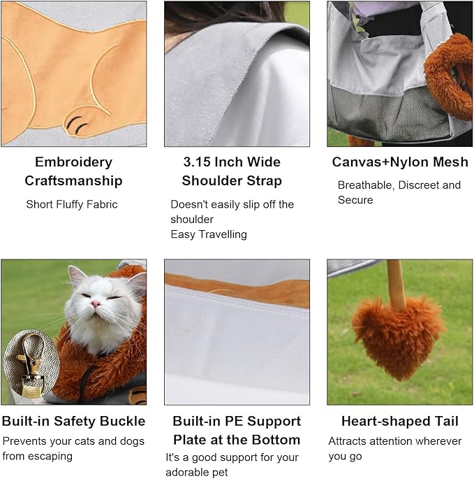 Dog Carrier Sling Lion-Shaped Pet Canvas Bag Cat Shoulder Bag Pet Body Holder for Daily Use Walking Travel Outdoor, Light Grey L