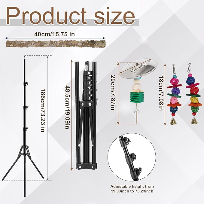 72" Parrot Stand, Adjustable Height Bird Perch, Pepper Wood Perch Stand, Parakeet Perches with Feeding Cups, Swing Toy, Toy Cymbals，Parrot Stands for Indoor & Outdoor Small to Medium Bird.