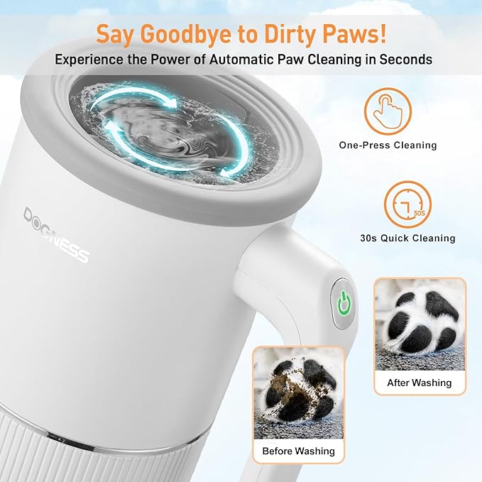 DOGNESS Automatic Dog Paw Cleaner, Rechargeable Paw Washer for Dogs Portable Electric Paw Cleaner Cup for Medium to Large Dogs (White)
