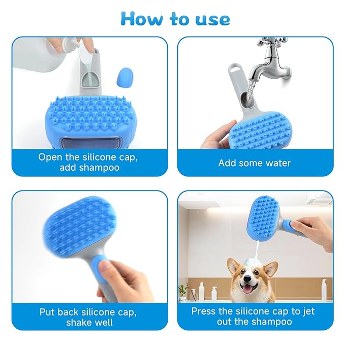 2 in 1 Dog Bath Brush, Soft Silicone Grooming Brush with Handle Shampoo Dispenser Shower Brush for Short Long Hair Dogs Cats Washing Massaging (Blue)