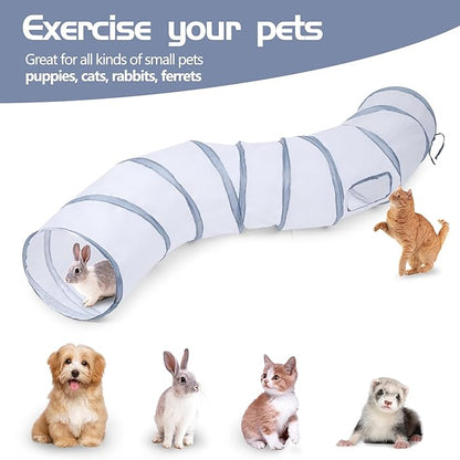 Sheldamy Cat Tunnel, S-2-Way Cat Tunnels for Indoor Cats, Collapsible Cat Play Tunnel, Interactive Toy Maze Cat House with 1 Play Ball for Cats, Puppy, Kitty, Kitten, Rabbit (White & Gray)