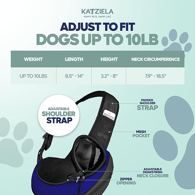 Expandable Pet Carrier Sling Bag - Small Dog, Puppy and Cat Carrier Front Shoulder Backpack w/Harness Strap - Carrying Pouch for ESA, Animal Travel - PU Leather Bottom, Mesh Pocket by Katziela (Blue)