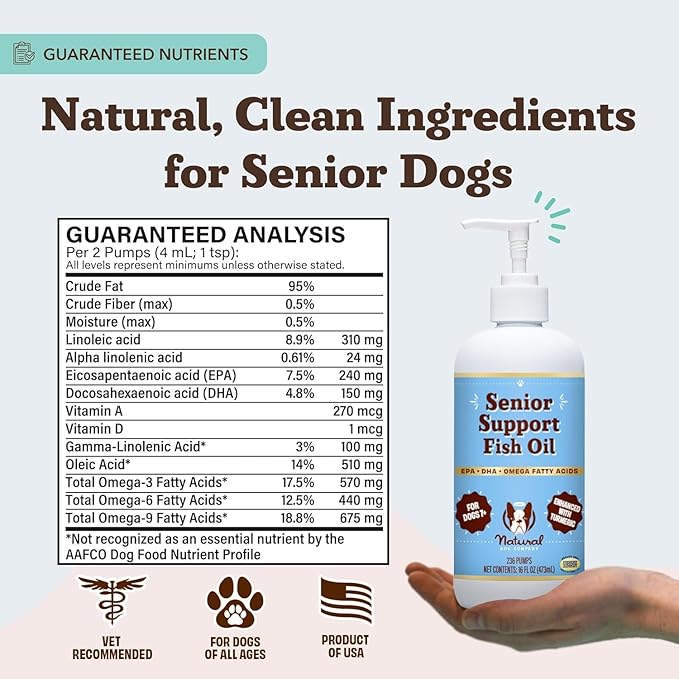 Natural Dog Company Omega 3 Fish Oil for Senior Dogs Supplement – Support Mobility, Skin, Coat, Heart & Brain, with Turmeric, Salmon & Fish Oil for Aging Dogs, Liquid Canine Supplement, 16oz