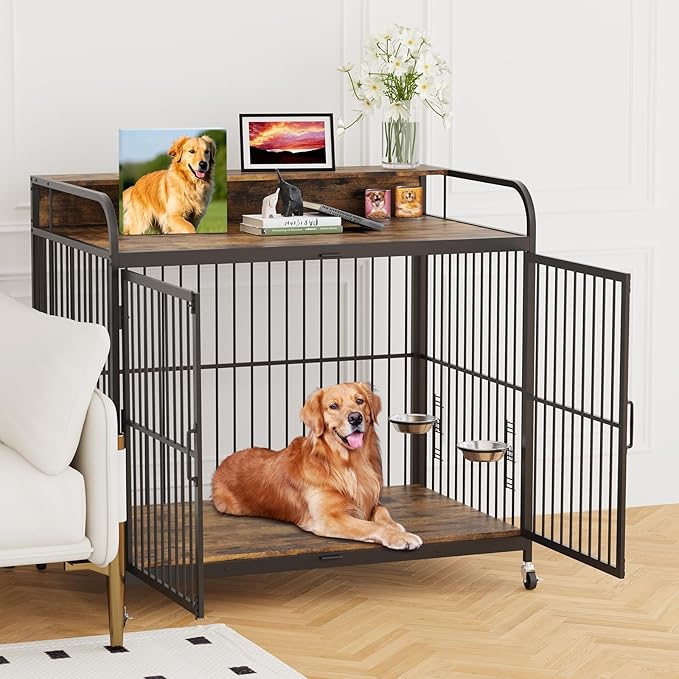 39.8 Inch Dog Crate Furniture, Dog Crate with Adjustable Height Feeder, Designed for Small Dogs, Featuring 360-Degree Swivel Wheels for Easy Movement, Rustic Brown Finish